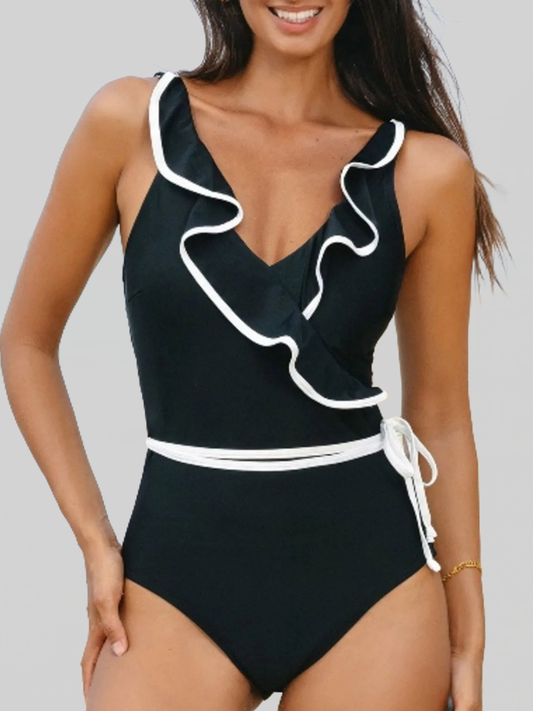 Women Ruffle Trim V-Neck One-Piece Swimsuit nicholesgifts