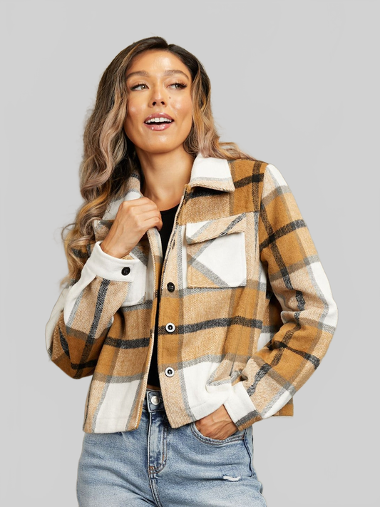 Plaid Collared Neck Jacket with Breast Pockets nicholesgifts