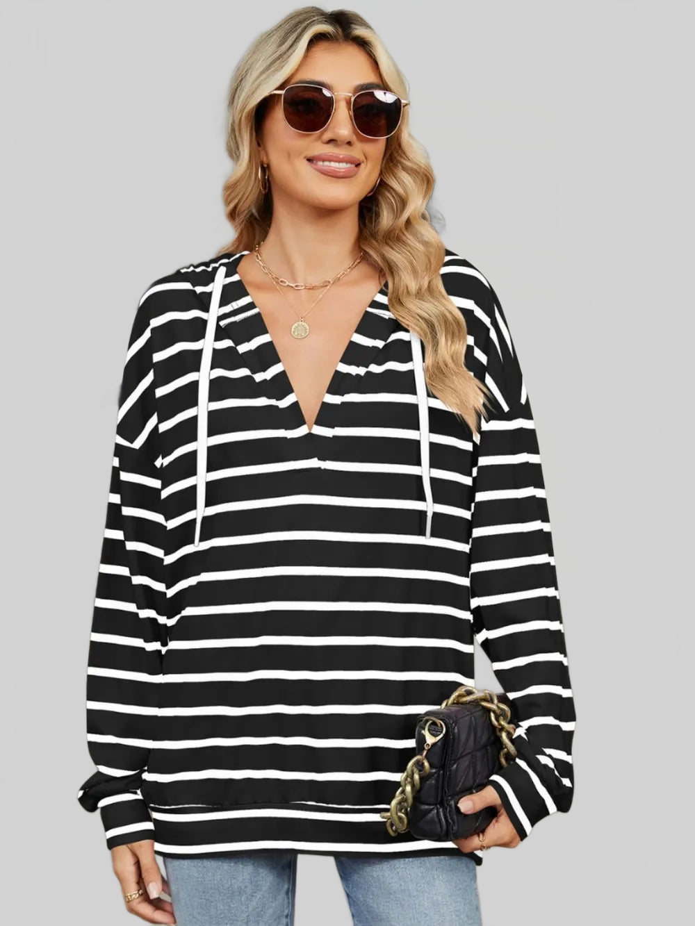 Drawstring Striped Long Sleeve Hoodie NicholesGifts