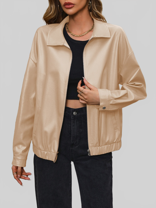 NicholesGifts Women Ivy Lane Pocketed Zip Up Collared Neck Jacket NicholesGifts