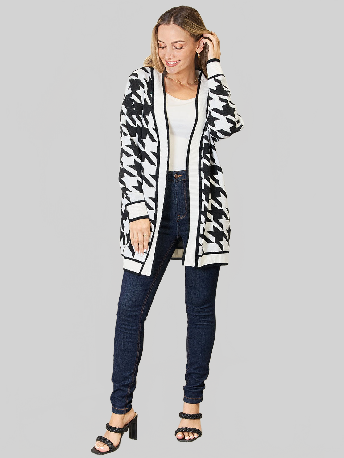 Mandy Woven Right Houndstooth Open Front Longline Cardigan nicholesgifts