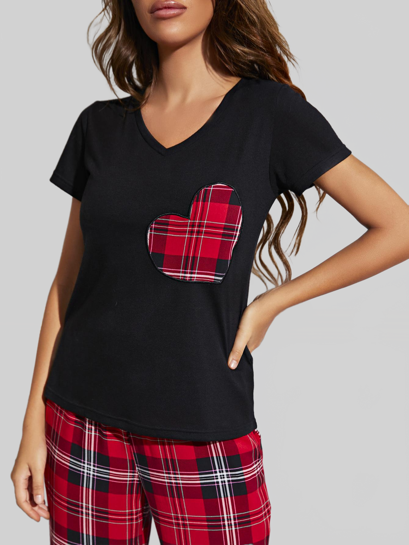Heart Graphic V-Neck Top and Plaid Pants Lounge Set nicholesgifts