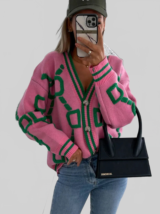 Women Geometric Dropped Shoulder Button Down Cardigan nicholesgifts
