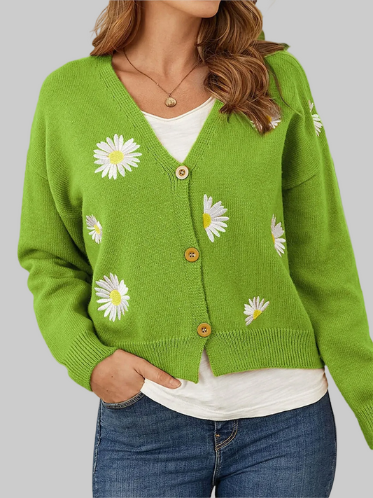 Women Flower Button Front green cardigan sweater with white daisy flower details and a dropped shoulder design