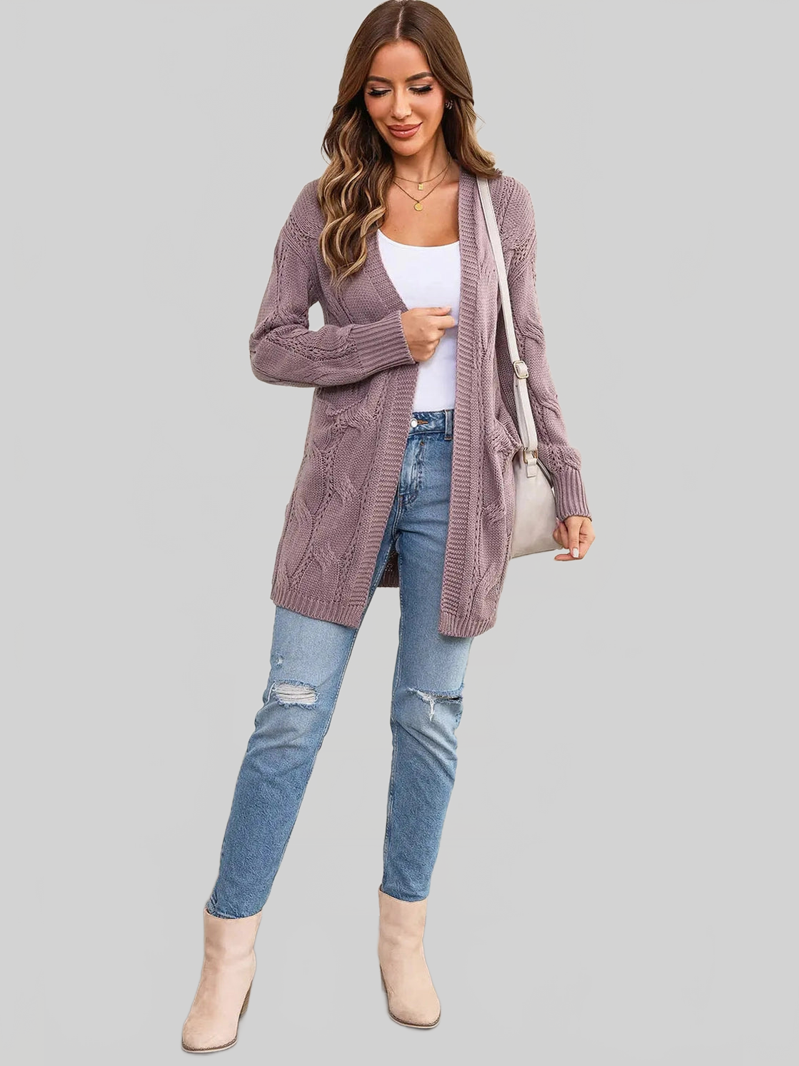 Women Cable-Knit Dropped Shoulder Slit Cardigan nicholesgifts