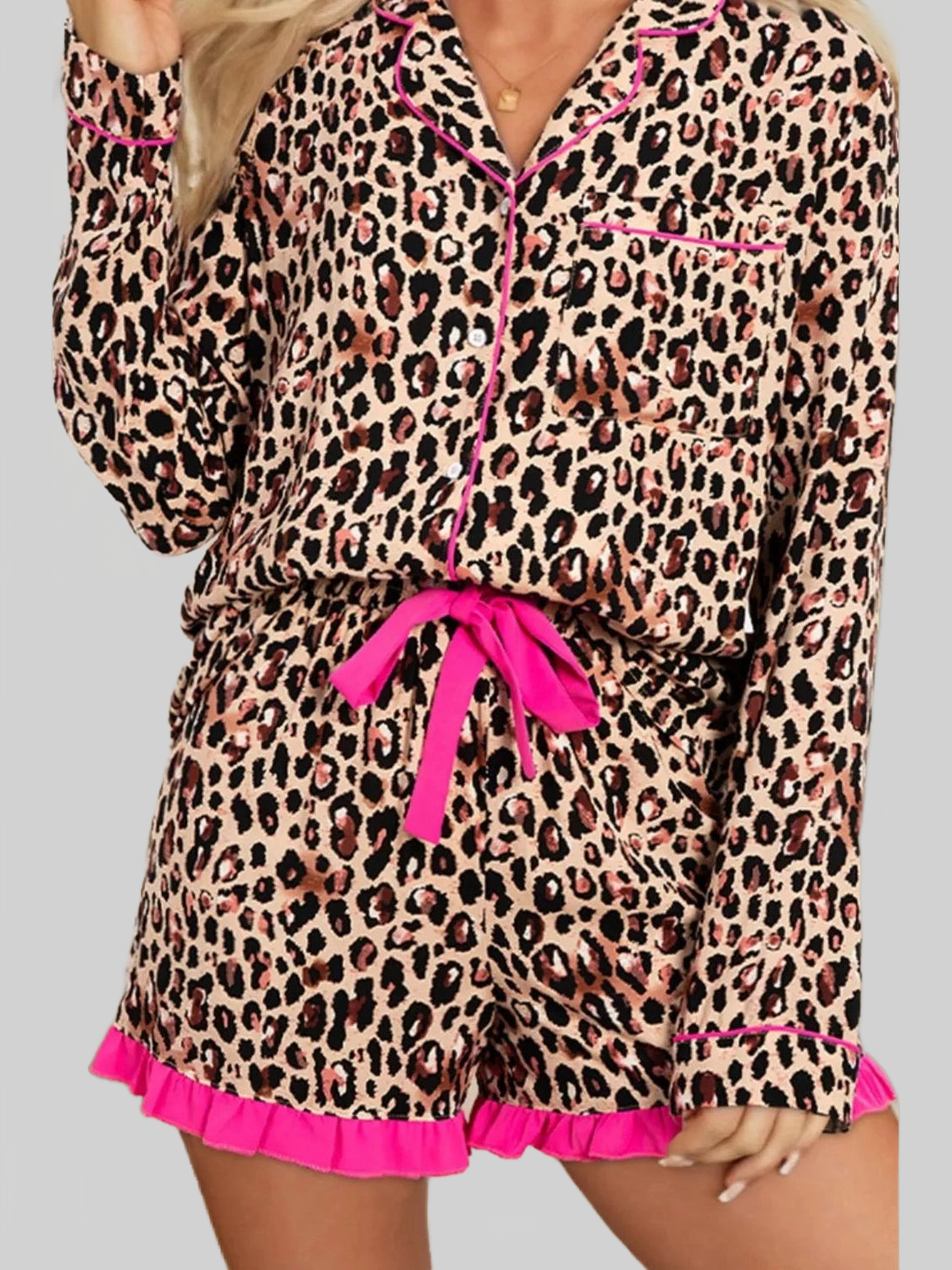 Leopard Print Contrast Trim Long Sleeve Shirt and Drawstring Ruffle Hem Shorts Set nicholesgifts