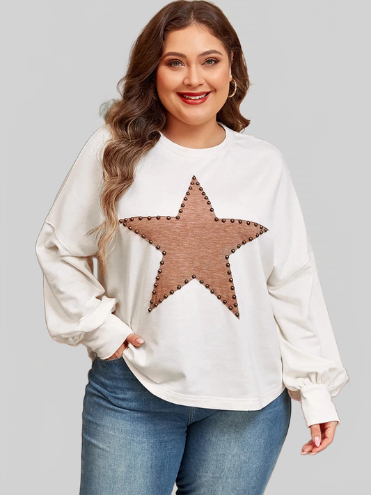 Women Plus Size Studded Star Round Neck Long Sleeve Blouse nicholesgifts