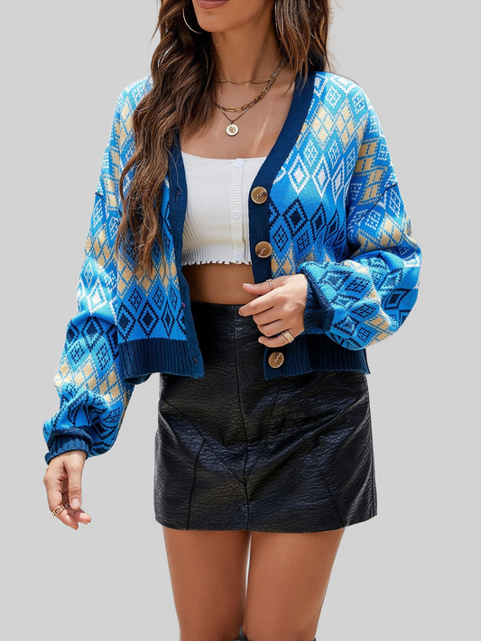 Women Geometric Button Up Dropped Shoulder Cardigan NicholesGifts
