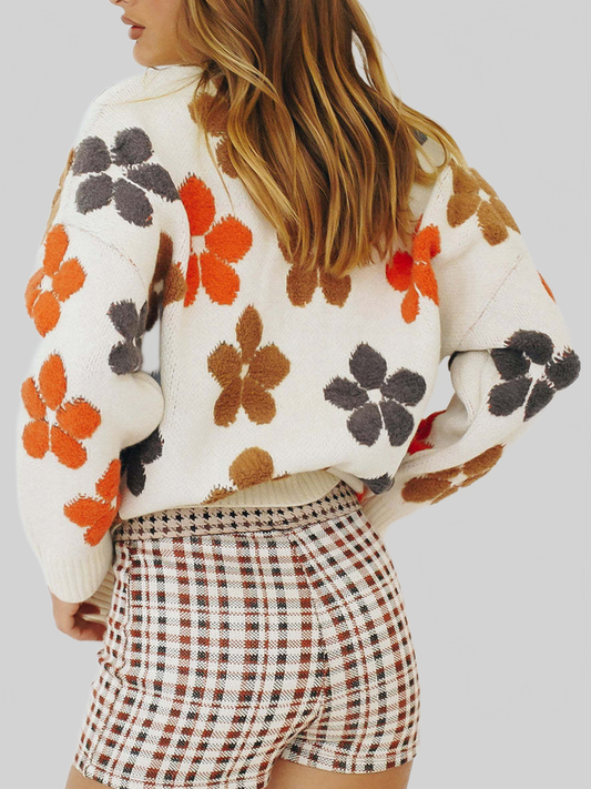 Women Floral V-Neck Button Up Long Sleeve Cardigan nicholesgifts
