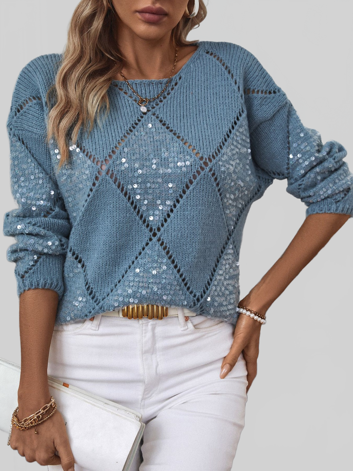 Women Openwork Round Neck Long Sleeve Knit Top NicholesGifts