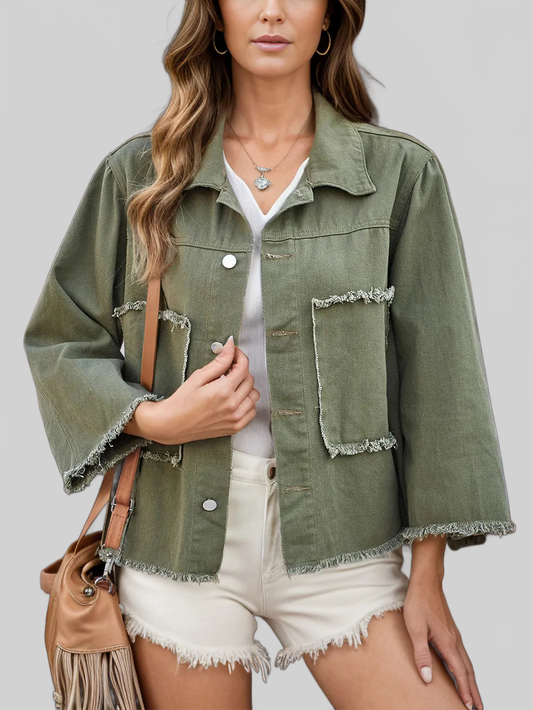 Raw Hem Button Up Denim Jacket NicholesGifts