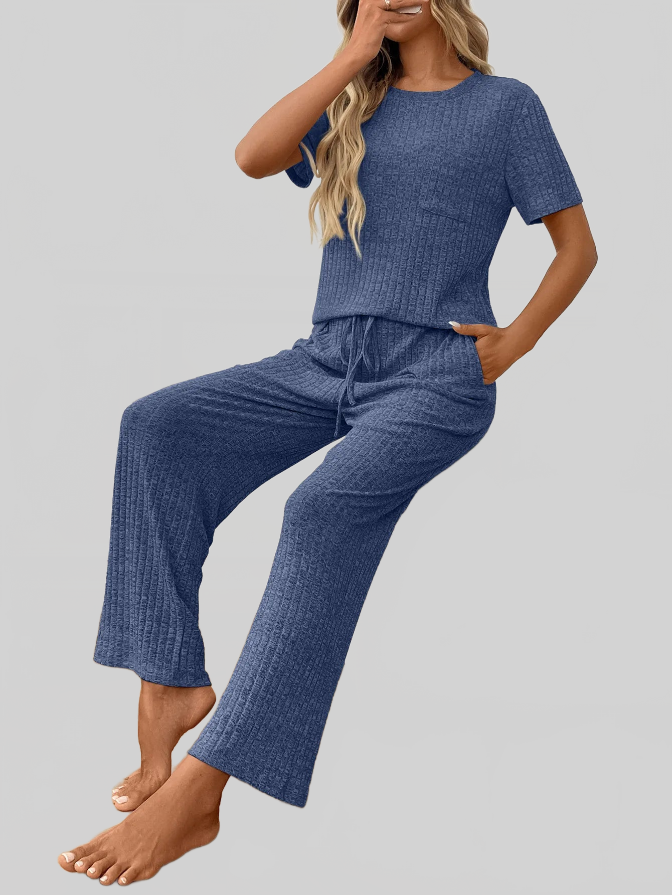 Ribbed Knit Short Sleeve Top and Pants Lounge Set nicholesgifts