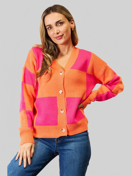 Women Angel Wings Woven Right Checkered V-Neck Dropped Shoulder Cardigan nicholesgifts