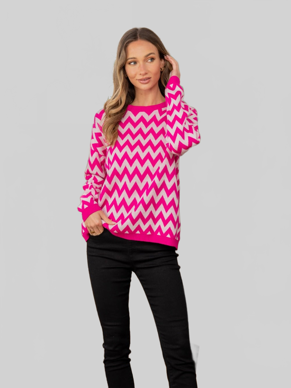 Women Full Size Wave Stripe Contrast Long Sleeve Sweater nicholesgifts