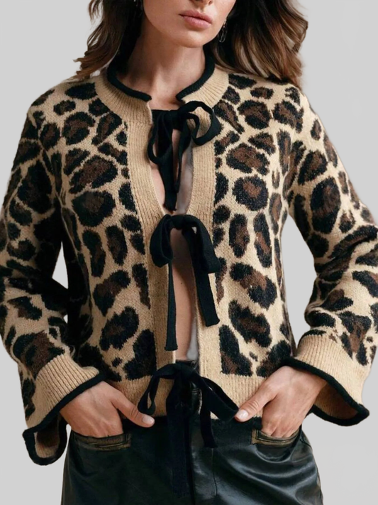 Women Leopard Print Bow-Tie Front Cropped Cardigan Sweaters NicholesGifts
