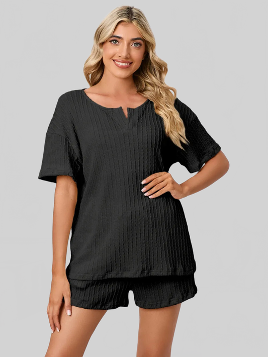 Notched Short Sleeve and Shorts Lounge Set nicholesgifts