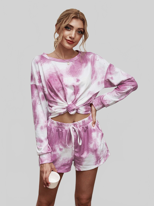 Women Tie-Dye Dropped Shoulder Top and Shorts Lounge Set nicholesgifts