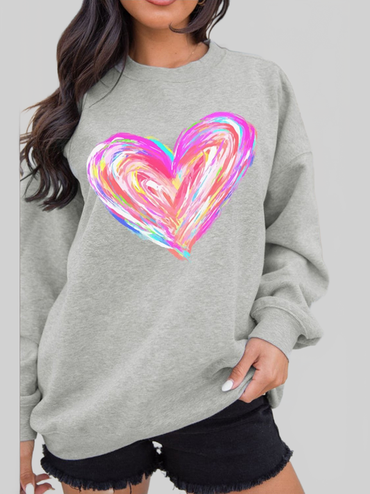 Women Valentine’s Day Heart Round Neck Drop Shoulder Sweatshirt NicholesGifts