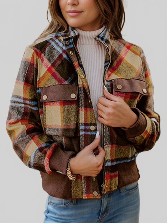 Pocketed Plaid Long Sleeve Jacket NicholesGifts