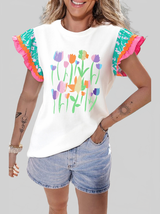 Women Ruffled Round Neck Cap Sleeve Top nicholesgifts