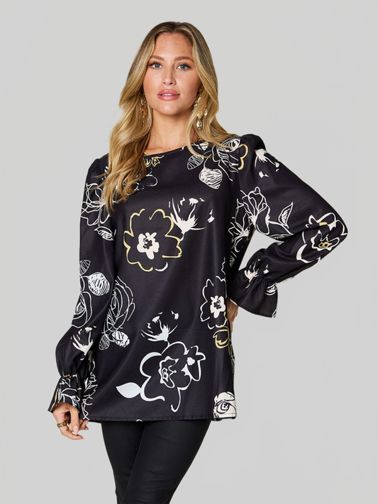 Women Double Take Full Size Printed Flounce Sleeve Blouse NicholesGifts
