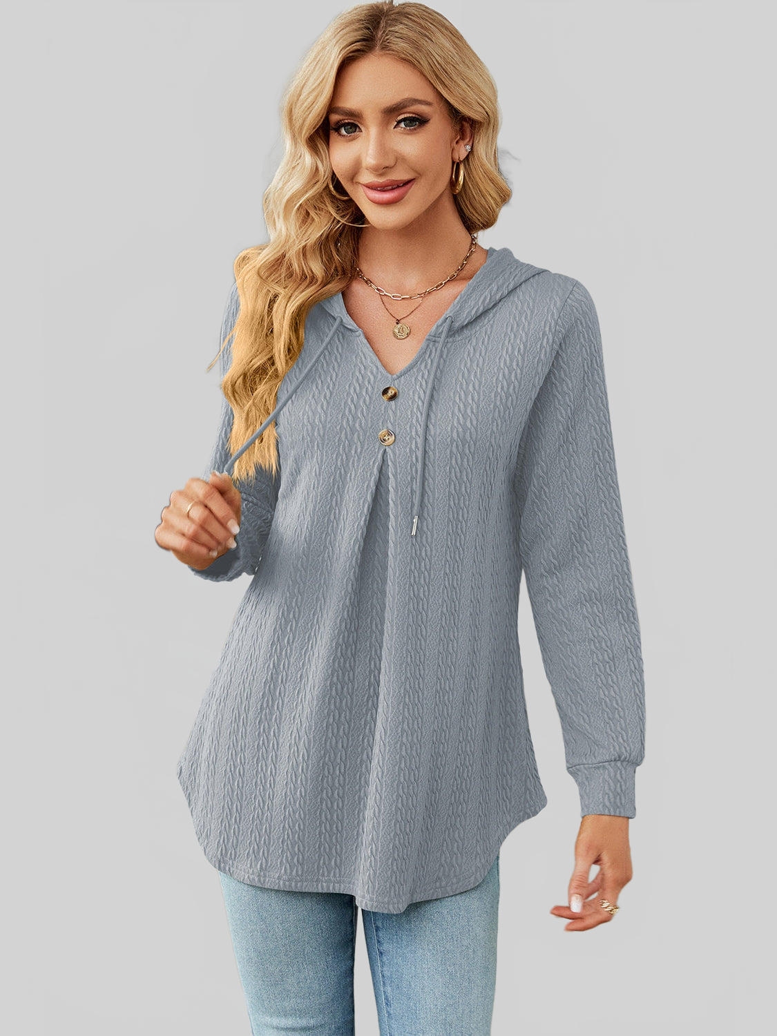 Women Decorative Button Drawstring Long Sleeve Hoodie nicholesgifts