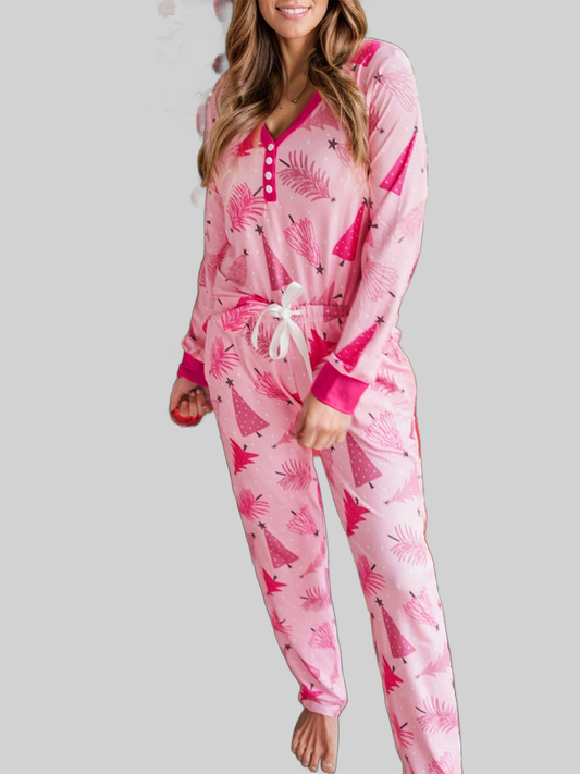 Women Printed V-Neck Long Sleeve Top and Pants Lounge Set nicholesgifts