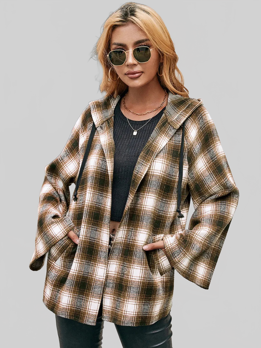 Ivy Lane Pocketed Plaid Long Sleeve Hooded Jacket nicholesgifts