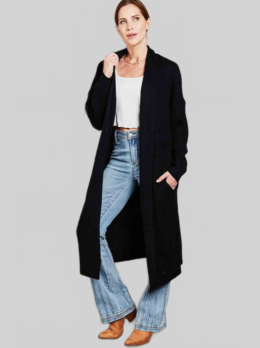 Women Double Take Waffle Knit Open Front Duster Cardigan With Pockets NicholesGifts