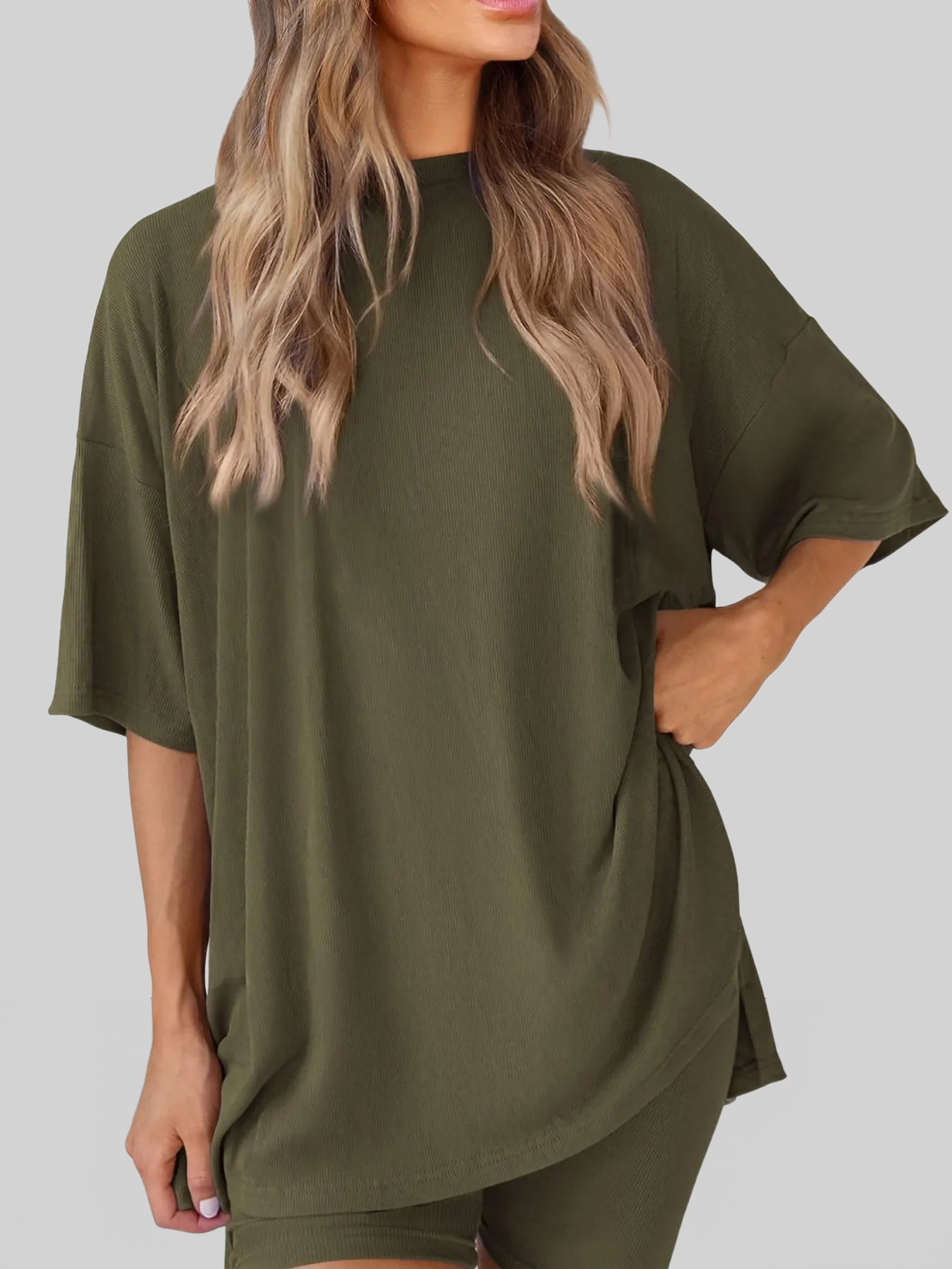 Full Size Oversized Slit Round Neck Top and Shorts Lounge Set Plus Size nicholesgifts