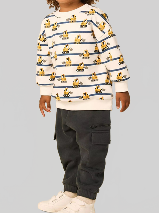 Toddler Boys Excavator Print Striped Crew Neck Sweatshirt nicholesgifts