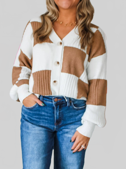 Women Color Block Knit Button-Up Cardigan Sweaters nicholesgifts