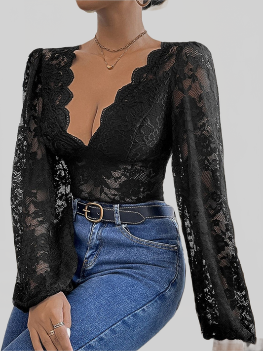 Women Perfee Lace Plunge Long Sleeve Bodysuit NicholesGifts