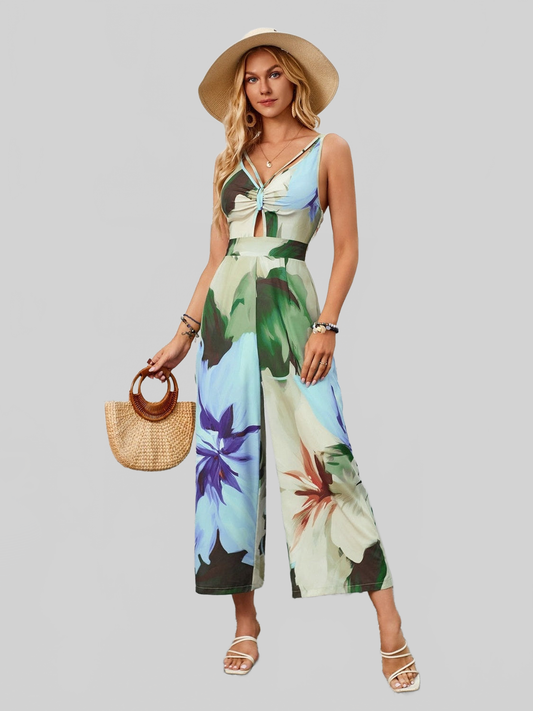 Cutout Printed Wide Strap Jumpsuit NicholesGifts