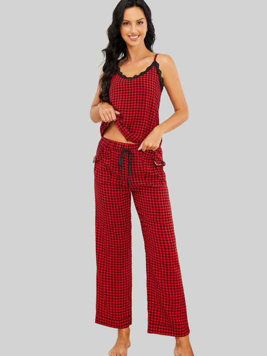 Plaid Lace Trim Cami and Drawstring Pants Pajama Set nicholesgifts