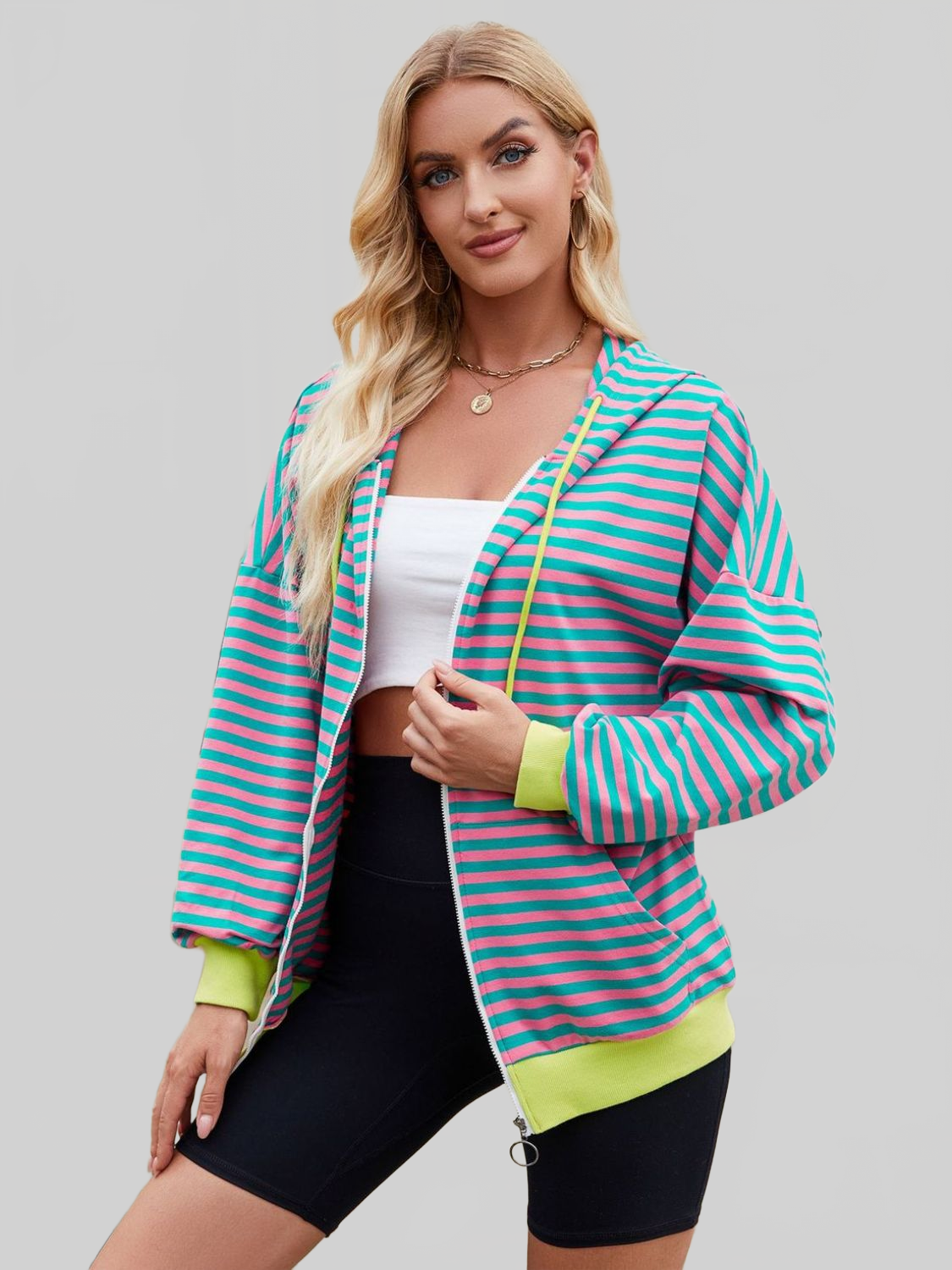 Women Drawstring Striped Zip Up Long Sleeve Hoodie nicholesgifts