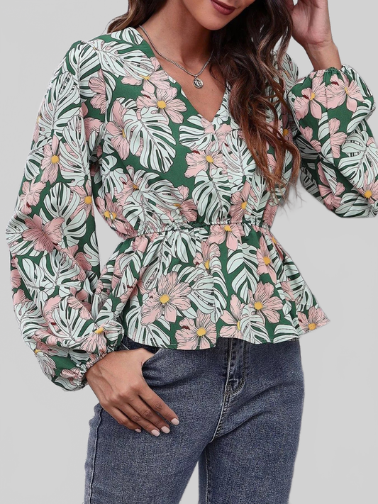 Floral V-Neck Balloon Sleeve Blouse NicholesGifts