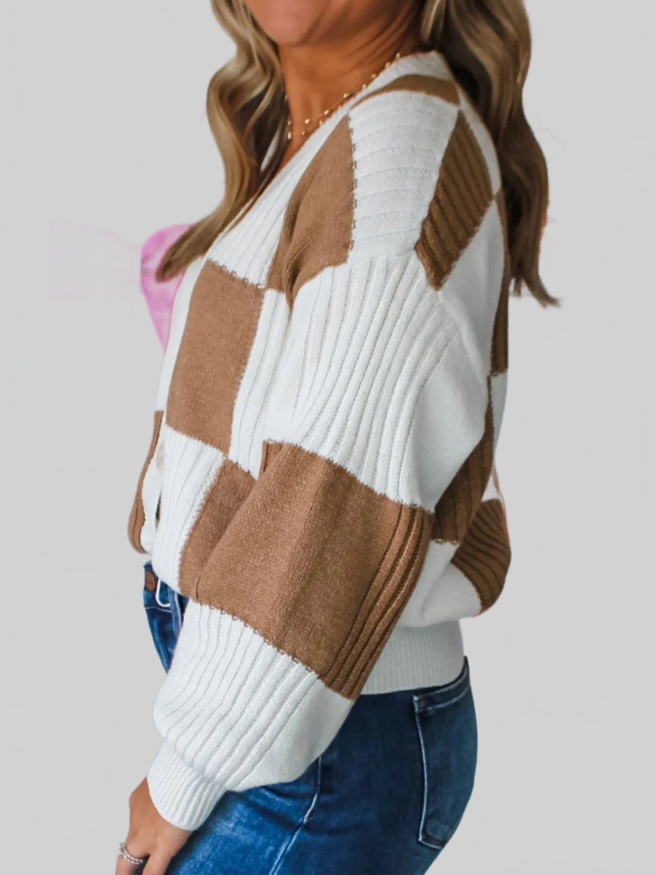 Women Color Block Knit Button-Up Cardigan Sweaters nicholesgifts