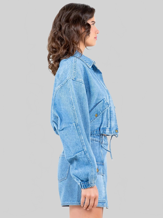 American Bazi Drawstring Waist Crop Denim Jacket nicholesgifts