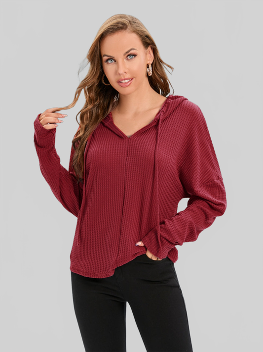 Waffle-Knit Drawstring Drop Shoulder Hoodie NicholesGifts