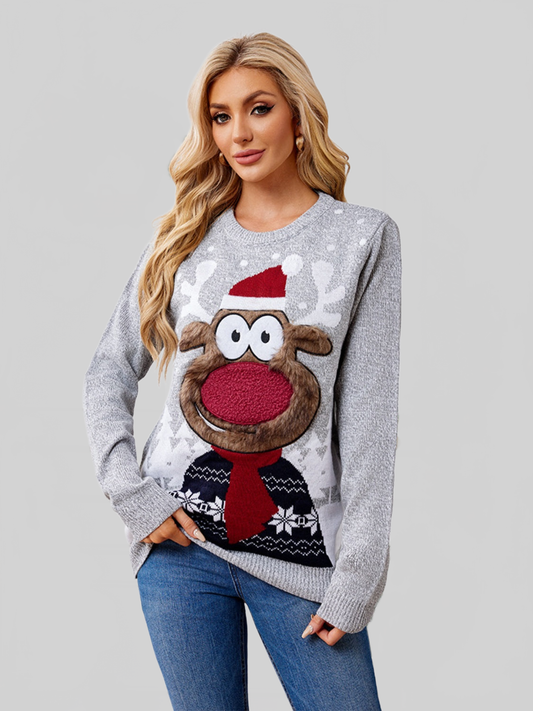 Women Reindeer Round Neck Long Sleeve Christmas Sweater nicholesgifts