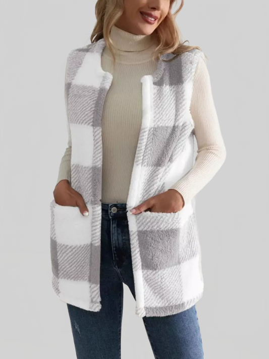 Women Cozy Plaid Sherpa Vest Coat nicholesgifts