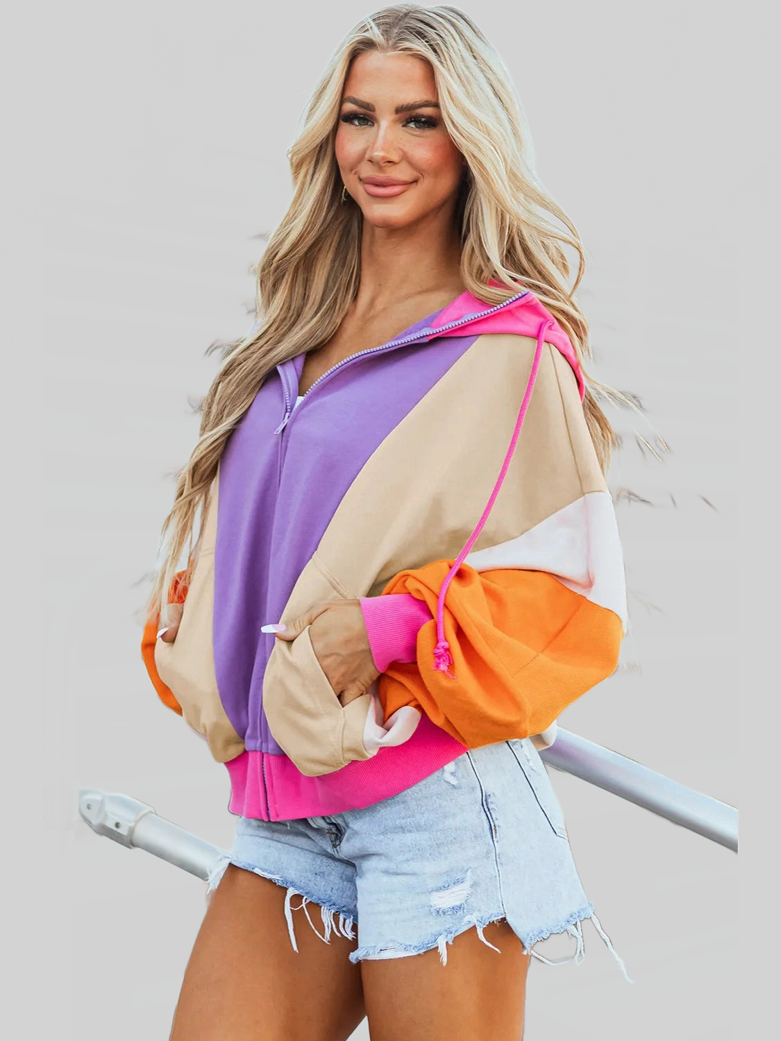 Women Drawstring Color Block Zip Up Long Sleeve Hoodie NicholesGifts