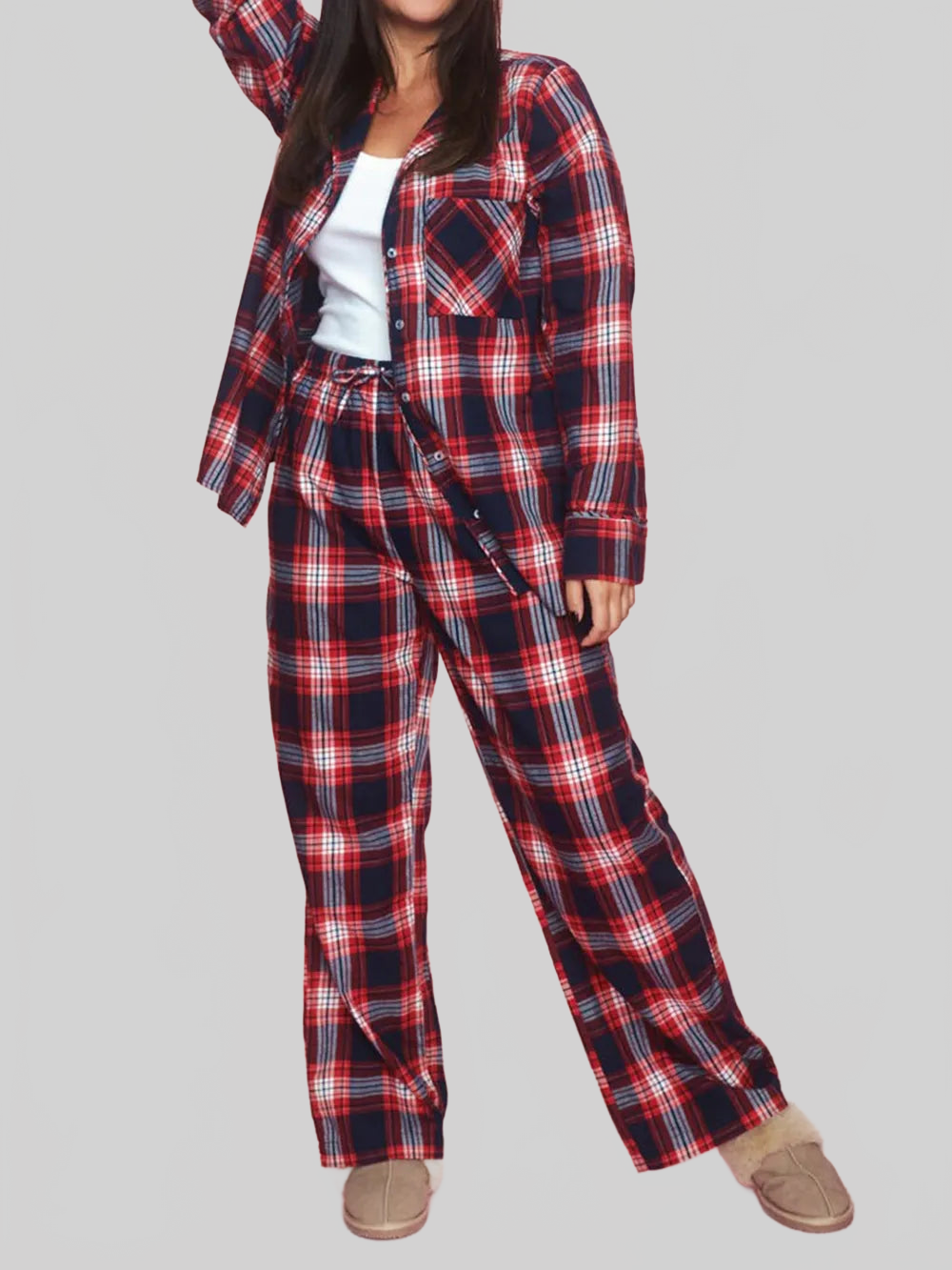 Plaid Collared Neck Button Up Top and Pants Lounge Set nicholesgifts