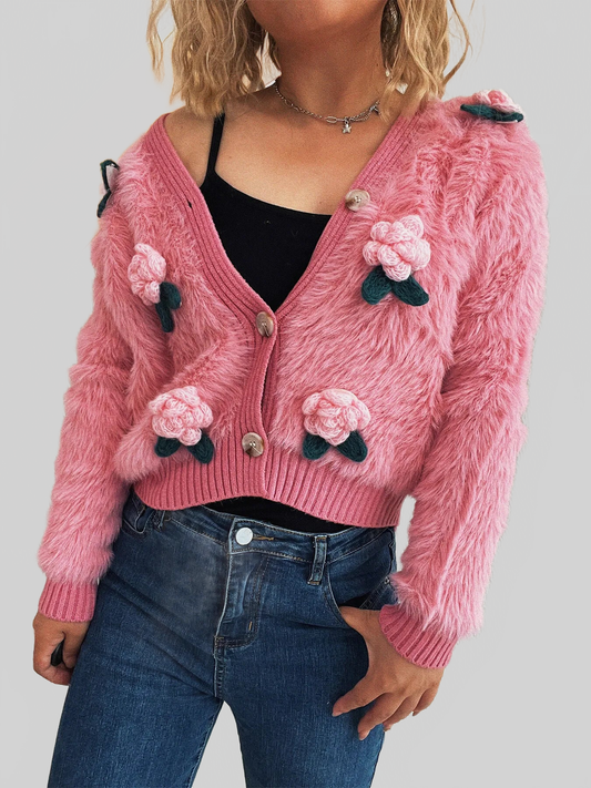 Flower Fuzzy Button-Up Cardigan NicholesGifts
