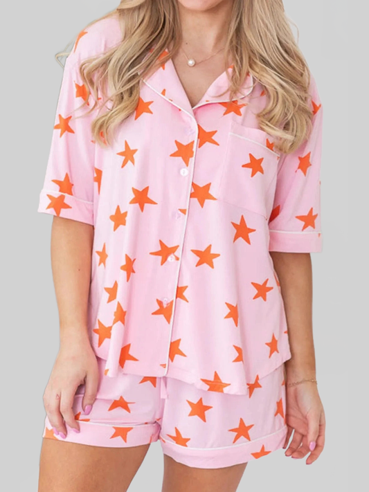 Star Print Short Sleeve Shirt and Shorts Set nicholesgifts