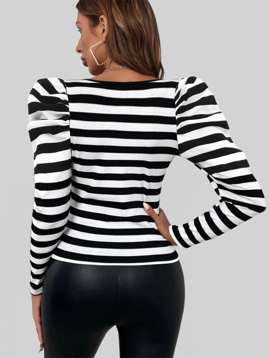 Women Striped Square Neck Puff Long Sleeve T-Shirt NicholesGifts