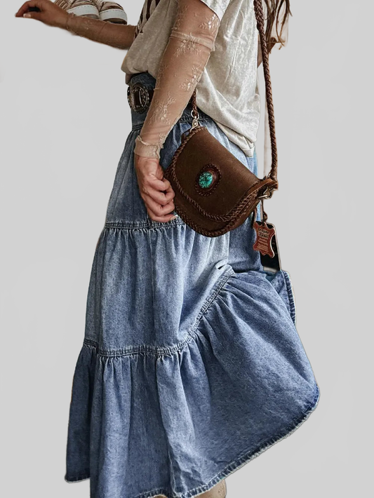 Tiered Button-Fly Denim Skirt nicholesgifts
