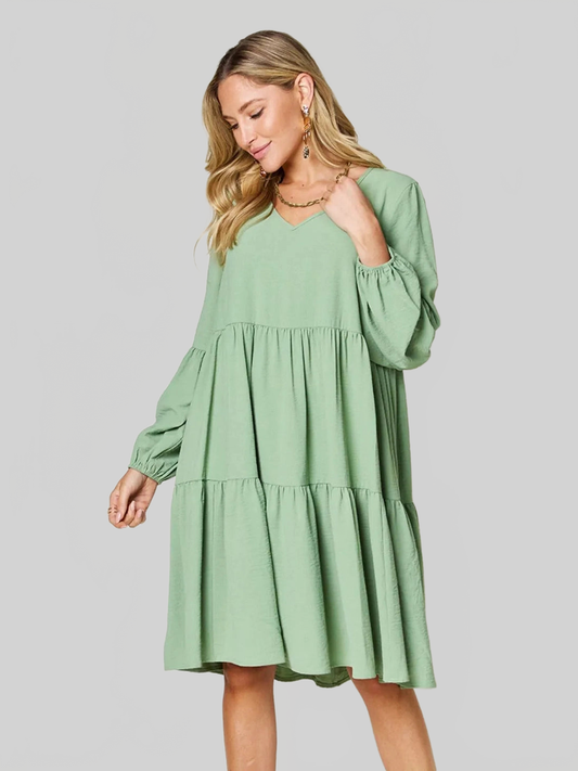 Double Take Full Size V-Neck Balloon Sleeve Tiered Dress with Pockets nicholesgifts