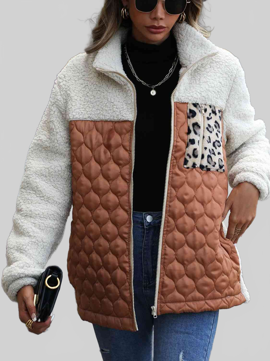 Women Leopard Color Block Zip-Up Jacket NicholesGifts